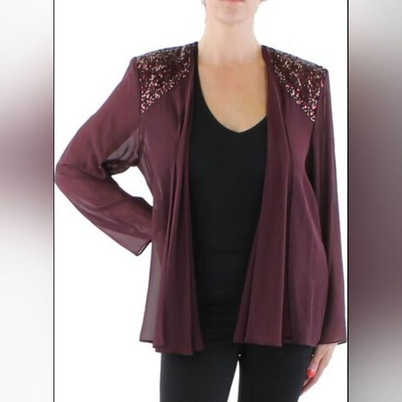 NEW 18 SLNY CHIFFON EMBELLISHED lightweight maroon sheer cardigan jacket 2X NWT - Picture 1 of 9